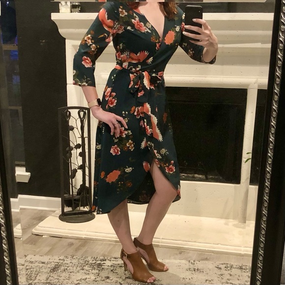 Isla Maude green and coral bird faux wrap dress, size small - Picture 1 of 6